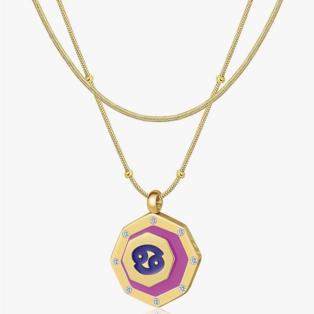 Cancer- Gold Enamel CZ Zodiac Pendant
Beaded Chain Necklace + FREE Snake Chain